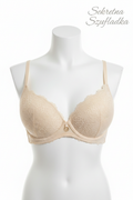 Beige lace bra front view on torso