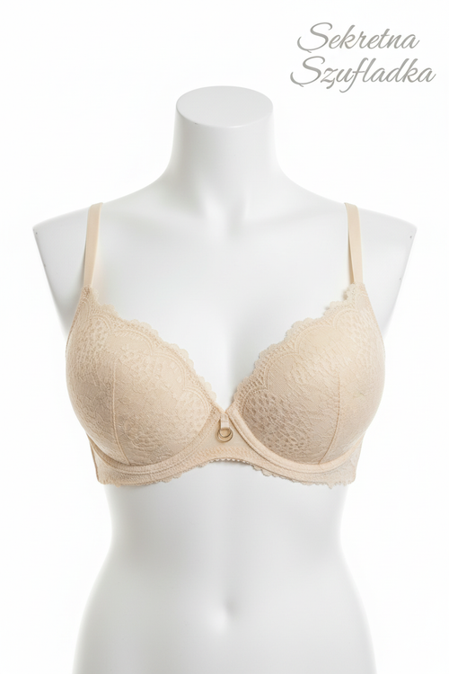 Beige lace bra front view on torso