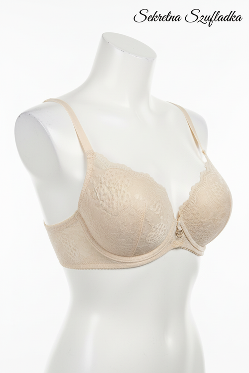 Beige lace bra side view on torso