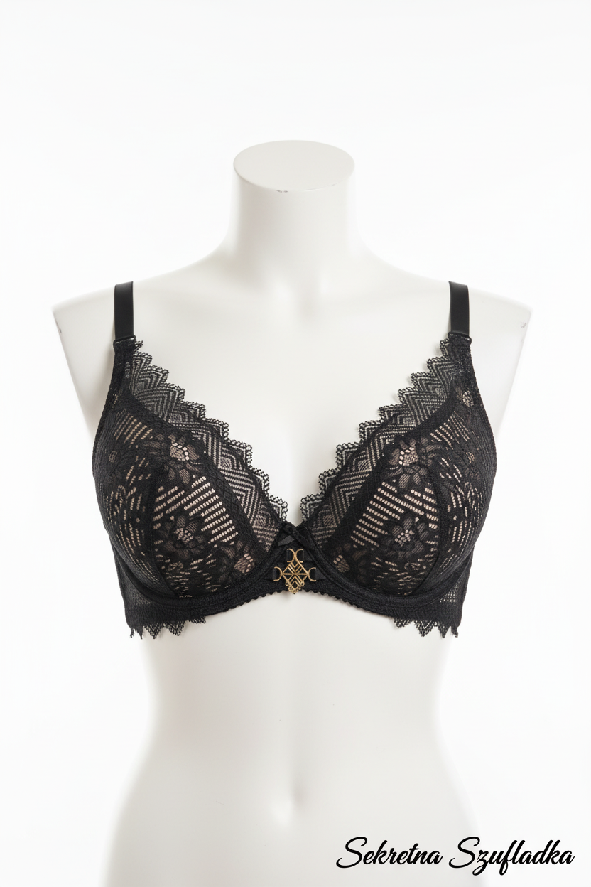 Black geometric lace bra front view on white torso