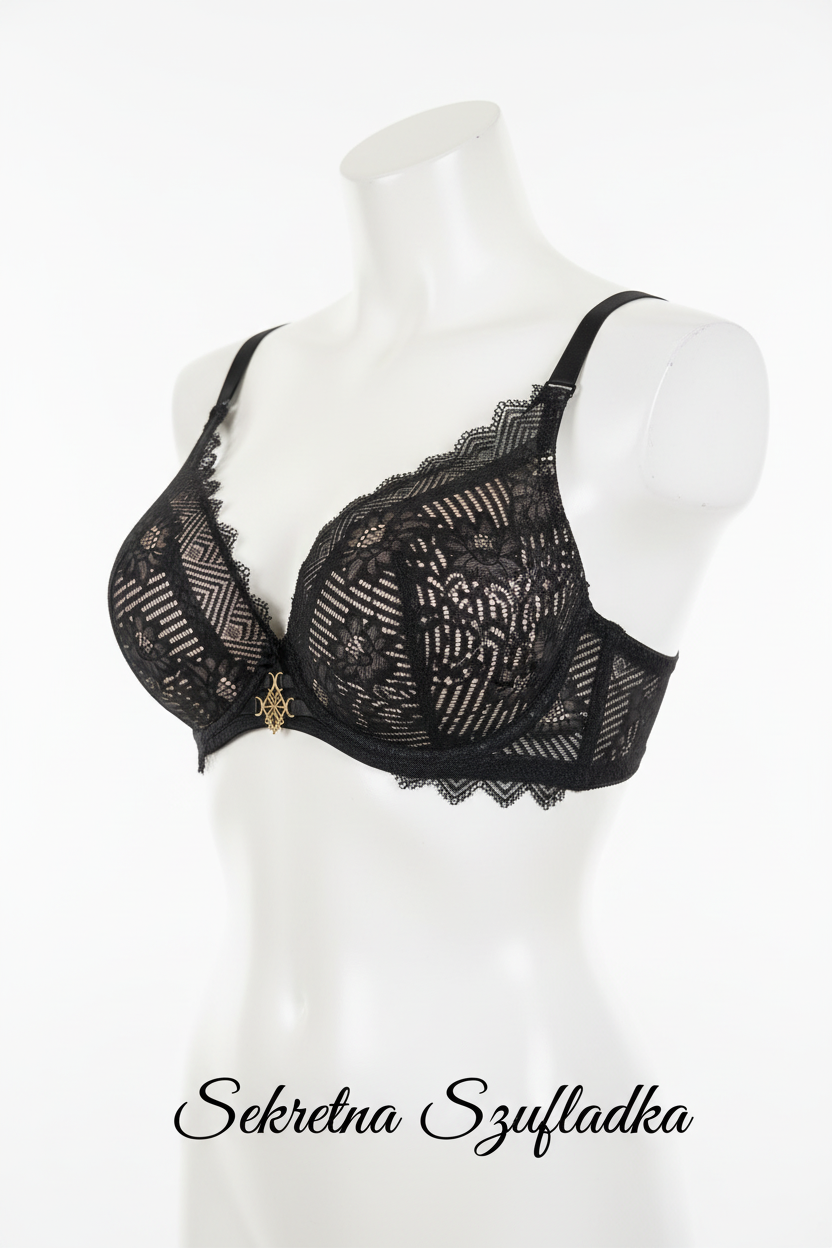 Black geometric lace bra side view on white torso