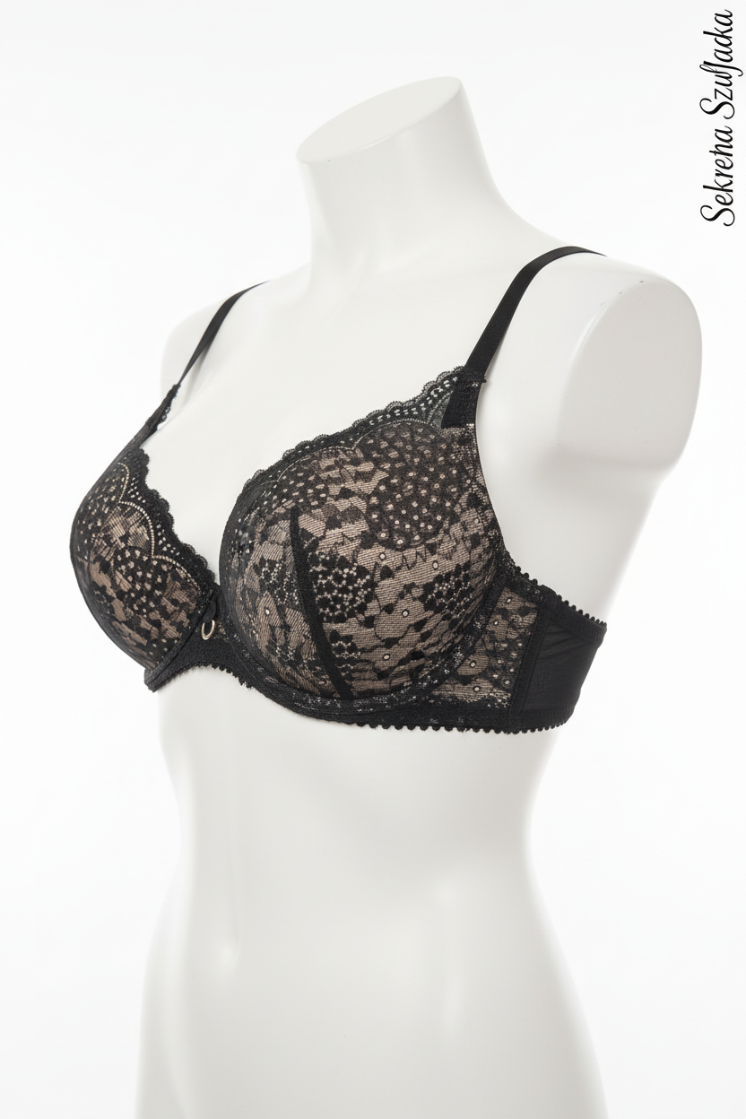 Black lace bra side view on white torso