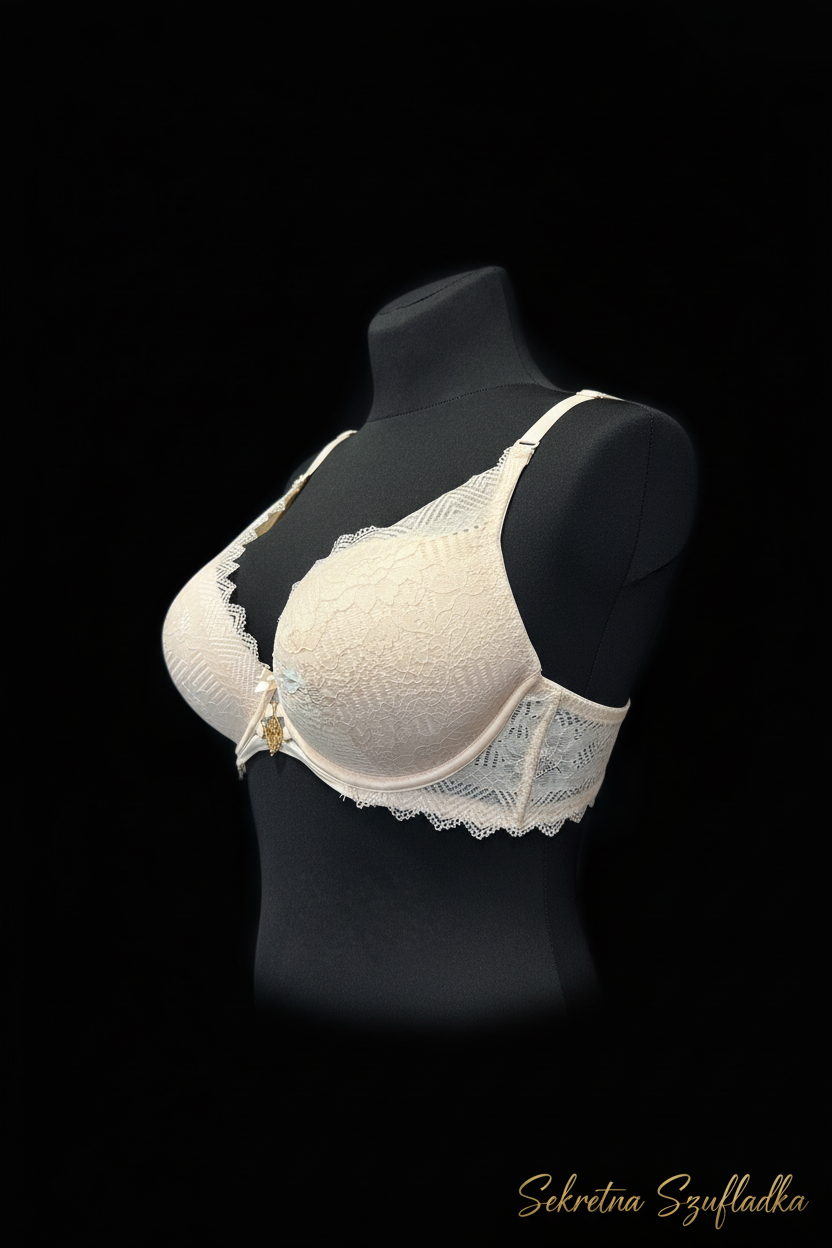 Cream lace bra side view without underwear