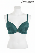 Emerald green lace bra front view on white torso