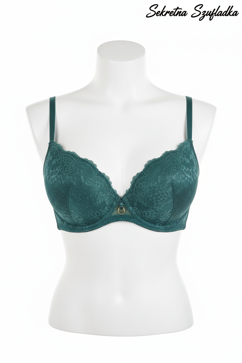 Emerald green lace bra front view on white torso