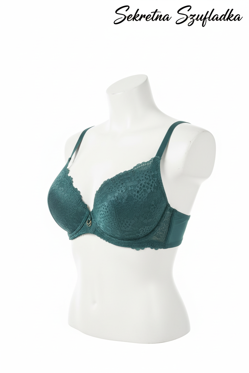 Emerald green lace bra side view on white torso