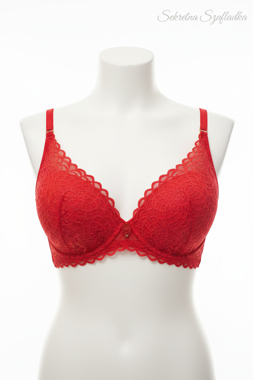 Red lace bra front view on torso