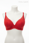 Red lace bra front view on torso