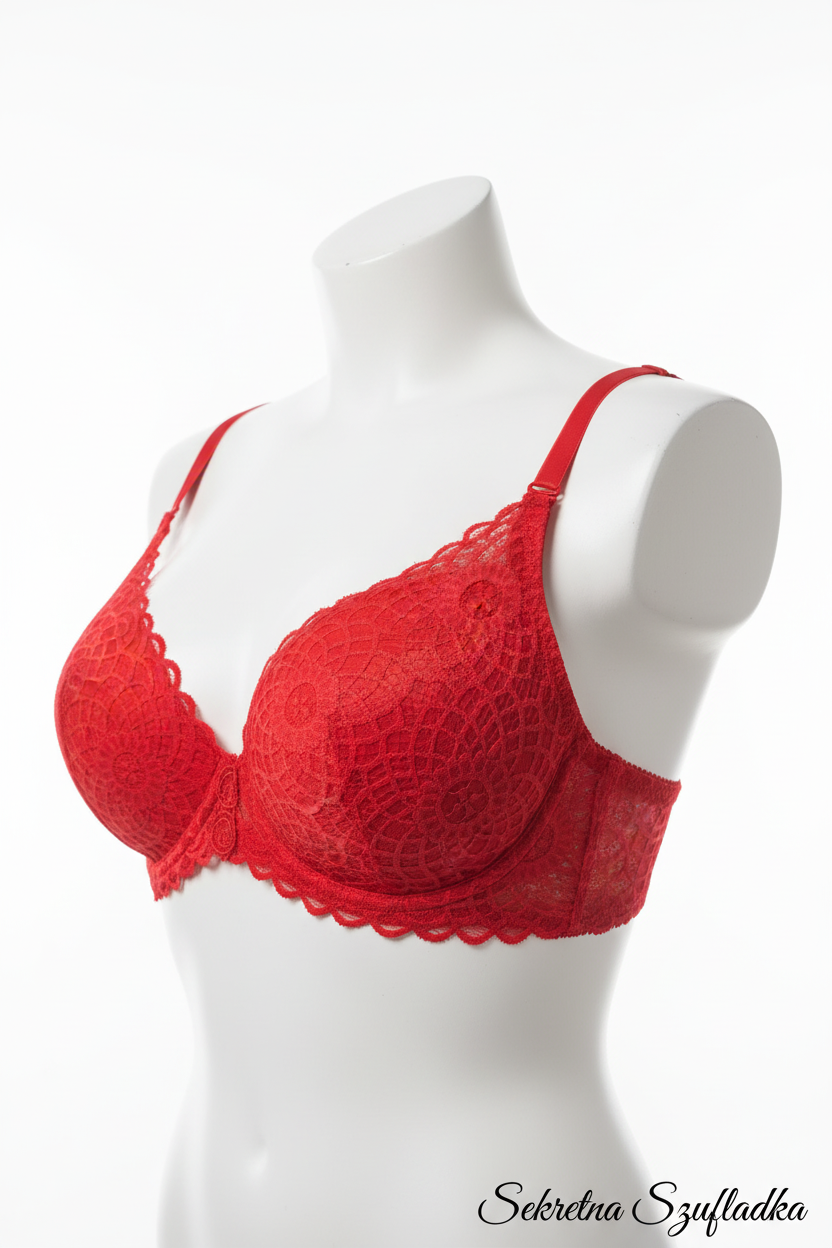 Red lace bra side view on torso