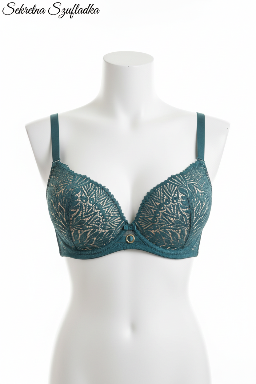 Teal lace bra front view on white torso