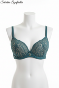 Teal lace bra front view on white torso