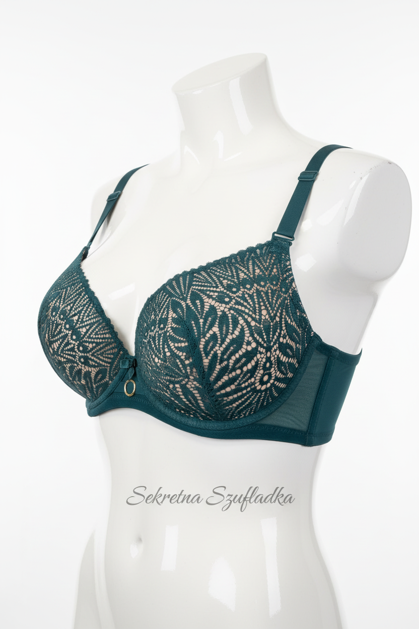 Teal lace bra side view on white torso