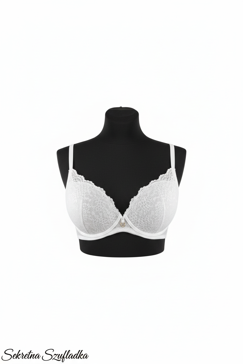 White lace bra front view on black torso