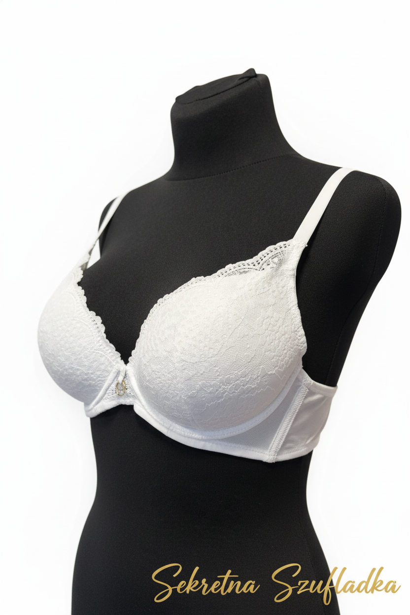 White lace bra side view on black torso